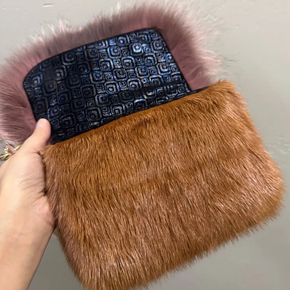 Handmade Real Mink Fur with Finn Raccoon Fur Foldover Flap Bag & 2 Strap Styles